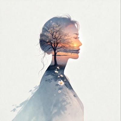 The primary subject of the image is a woman's face, which is depicted in a tree silhouette. The setting is a white background, and the visual style is a combination of digital art and illustration. The colors in the image are predominantly blue and white, creating a calm and serene atmosphere.